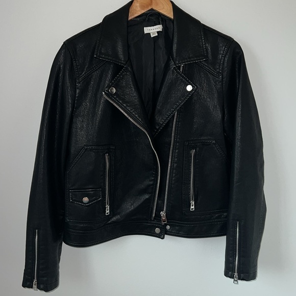 TOPSHOP Faux leather moto jacket- black silver zipper & snaps - Picture 2 of 5